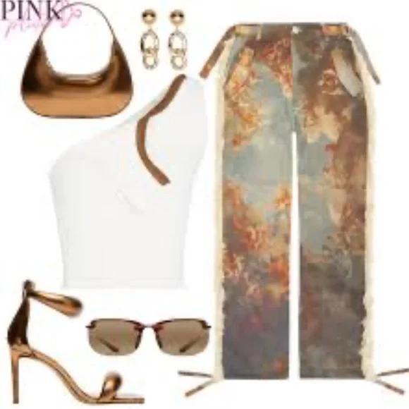 MANIERE De VOIR Art Mid Rise Cargo Pant Tassels green tan renaissance print sz10 - Picture 5 of 13